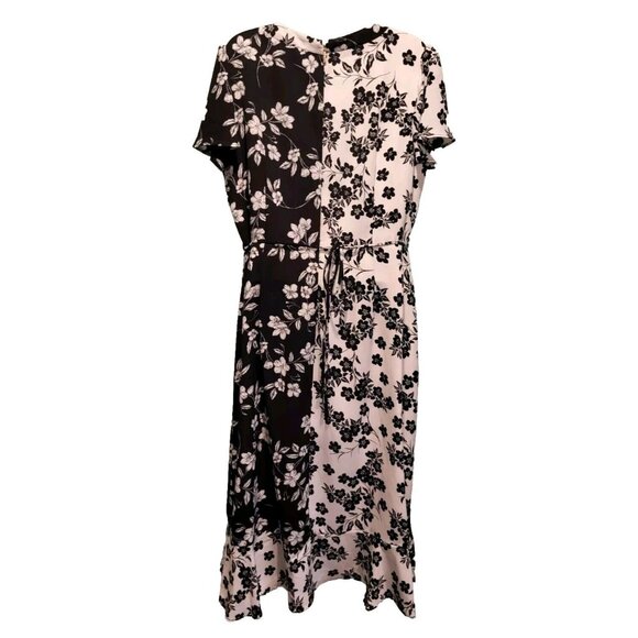 Karl Lagerfeld Black White Floral Faux Wrap Midi Dress Flutter Sleeve Sz 14 - Picture 5 of 8